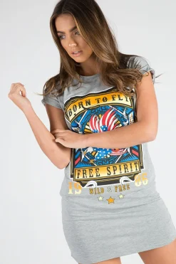 Rebellious Fashion Grey Born To Fly Slogan T-Shirt Dress - Isabella