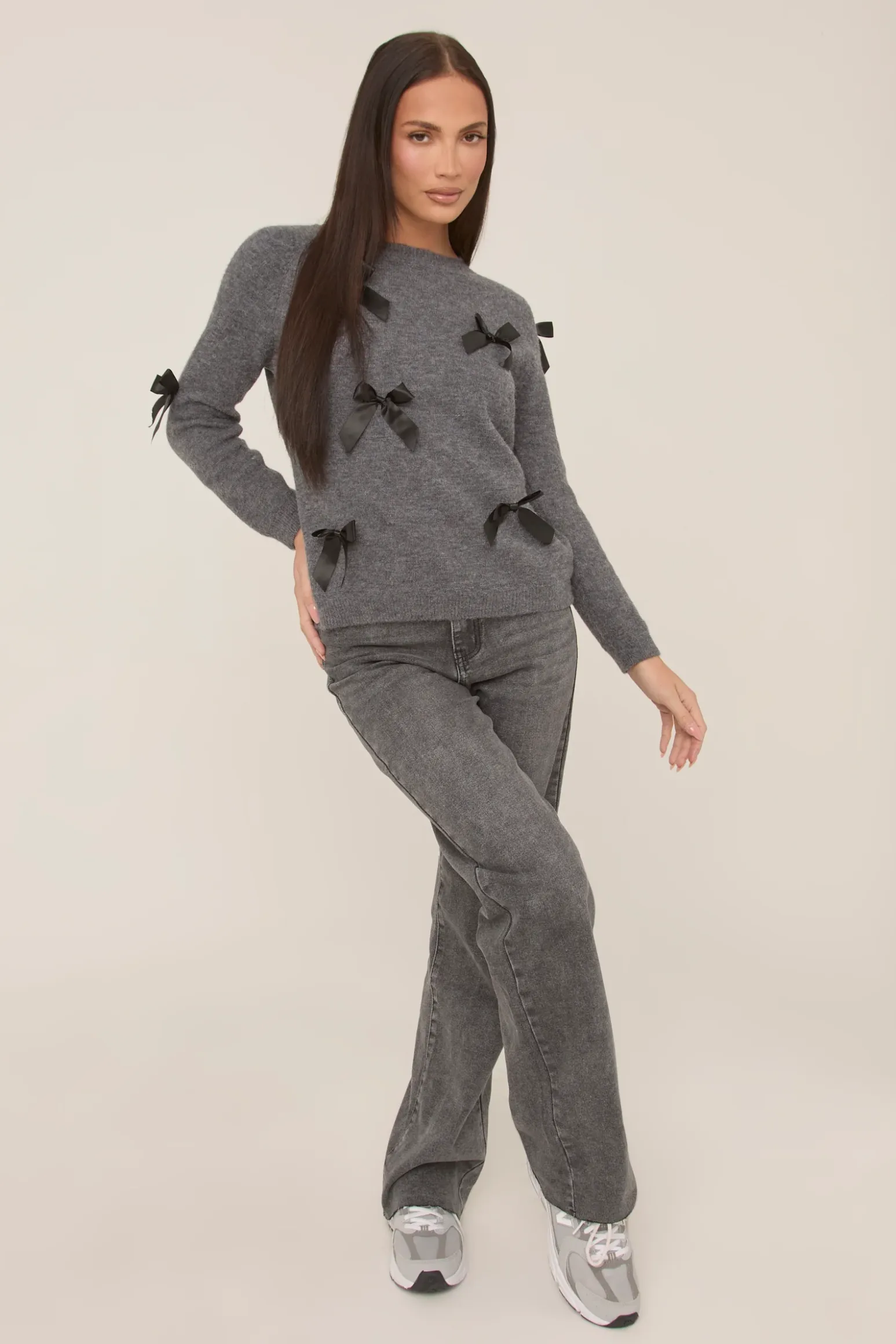 Rebellious Fashion Grey Bow Knitted Jumper - Delaney