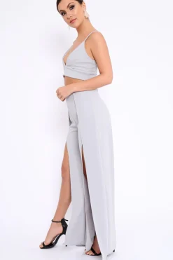 Rebellious Fashion Grey Bralet and Split Front Wide Trousers Co-ord - Alesana