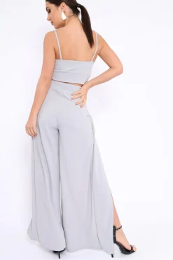 Rebellious Fashion Grey Bralet and Split Front Wide Trousers Co-ord - Alesana