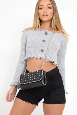 Rebellious Fashion Grey Button Up Cropped Bardot Jumper - Cielo