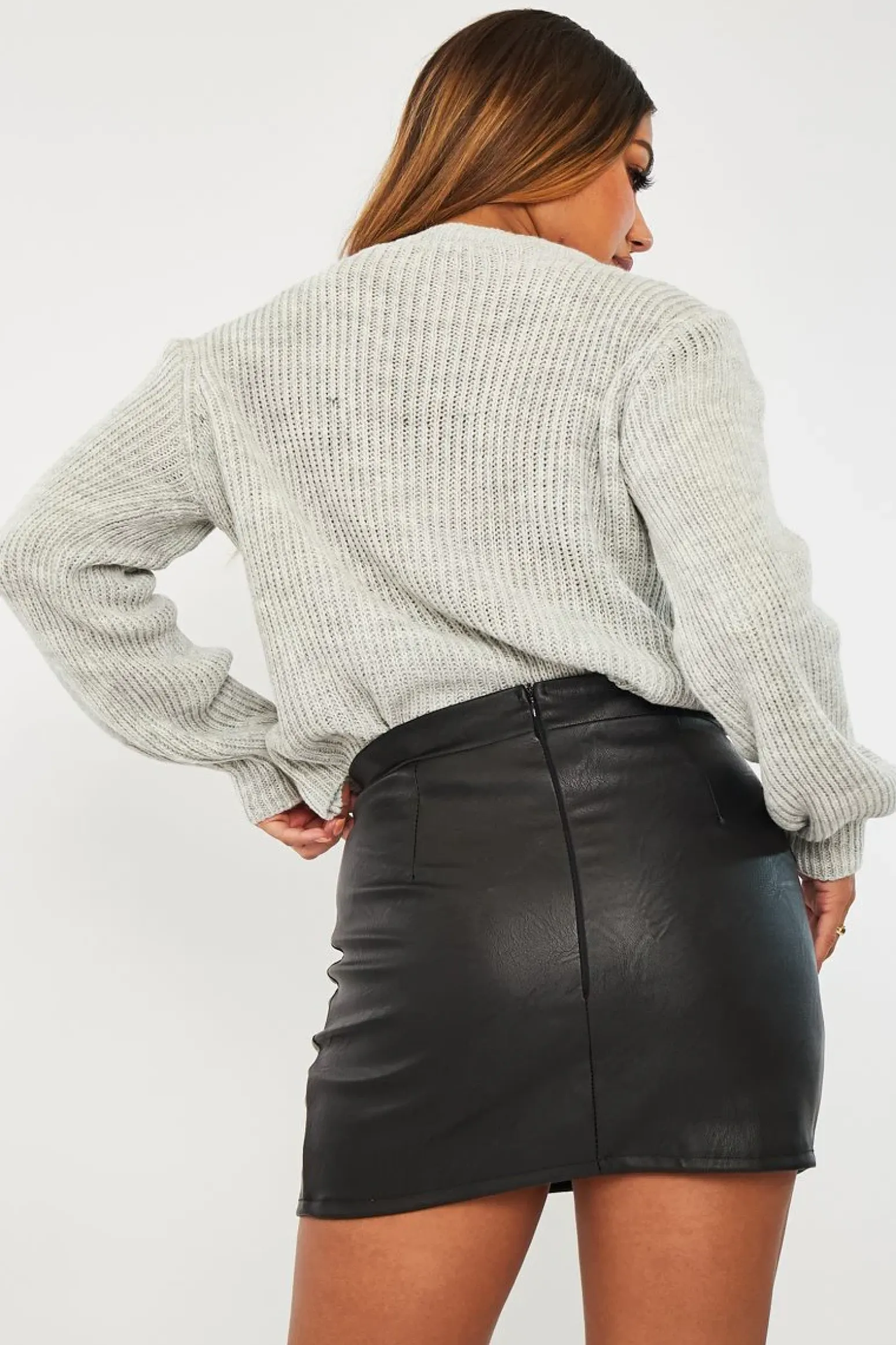 Rebellious Fashion Grey Cable Front Round Neck Jumper - Idah