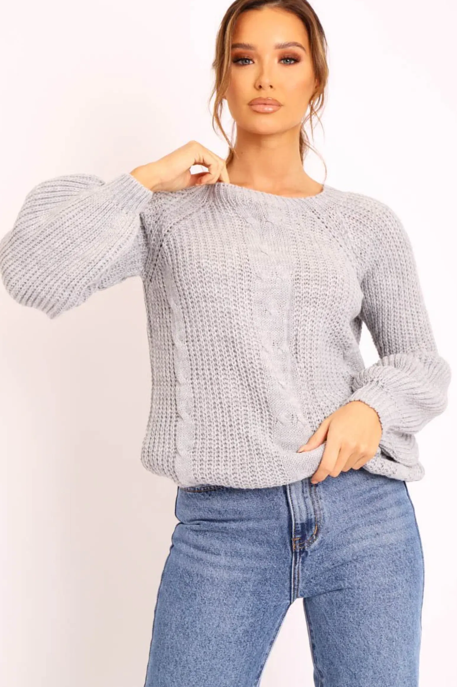 Rebellious Fashion Grey Cable Knit Balloon Sleeve Jumper - Elicia
