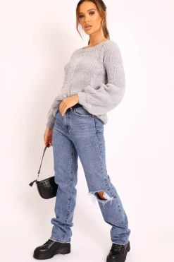 Rebellious Fashion Grey Cable Knit Balloon Sleeve Jumper - Elicia