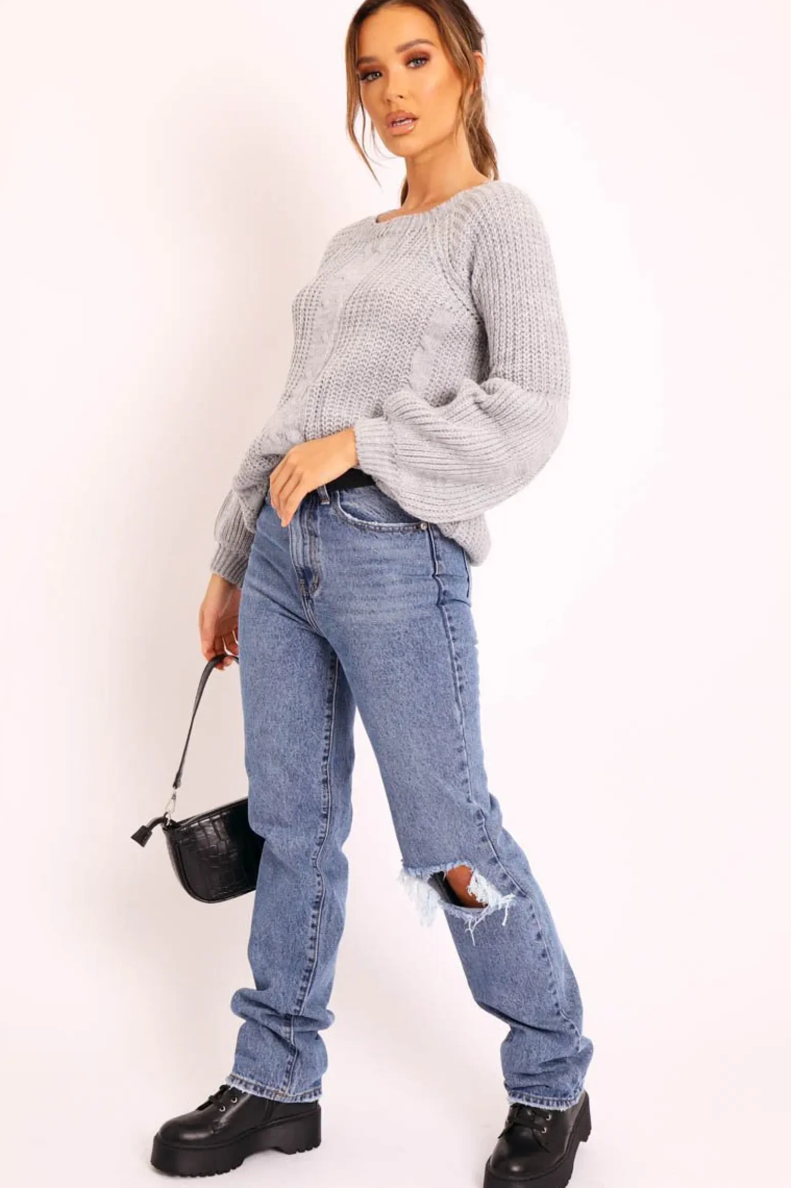 Rebellious Fashion Grey Cable Knit Balloon Sleeve Jumper - Elicia