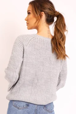 Rebellious Fashion Grey Cable Knit Balloon Sleeve Jumper - Elicia