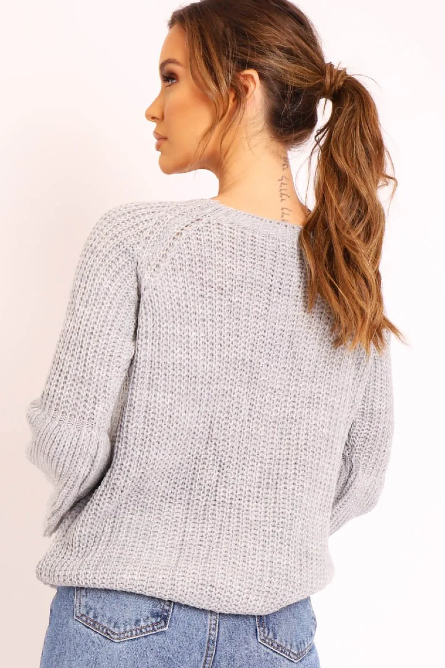 Rebellious Fashion Grey Cable Knit Balloon Sleeve Jumper - Elicia