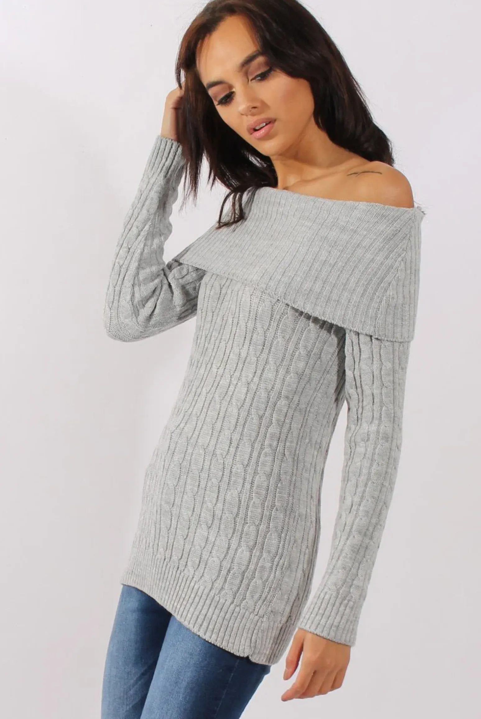 Rebellious Fashion Grey Cable Knit Bardot Top - Deakin
