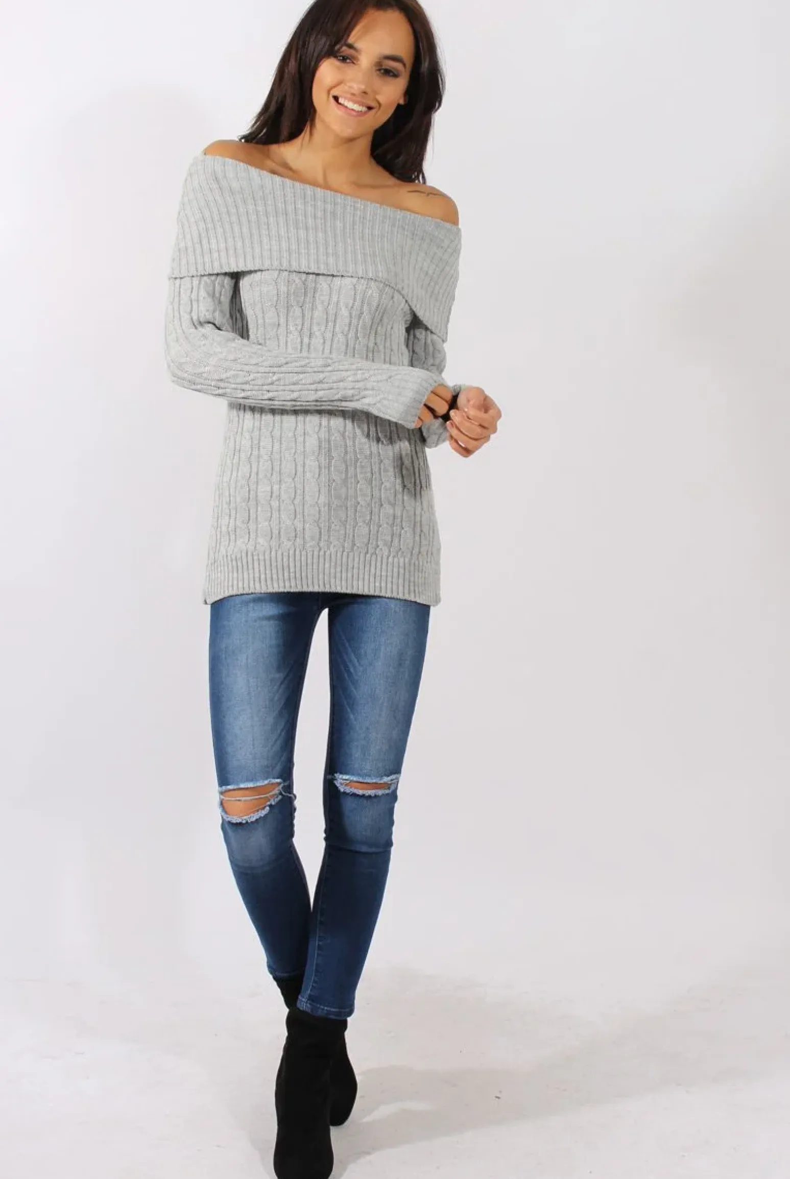 Rebellious Fashion Grey Cable Knit Bardot Top - Deakin
