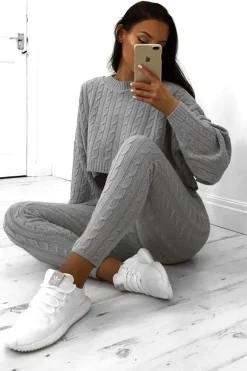 Rebellious Fashion Grey Cable Knit Batwing Jumper Loungwear Set - Janea