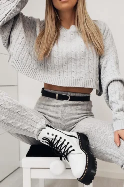 Rebellious Fashion Grey Cable Knit Batwing Jumper Loungwear Set - Janea