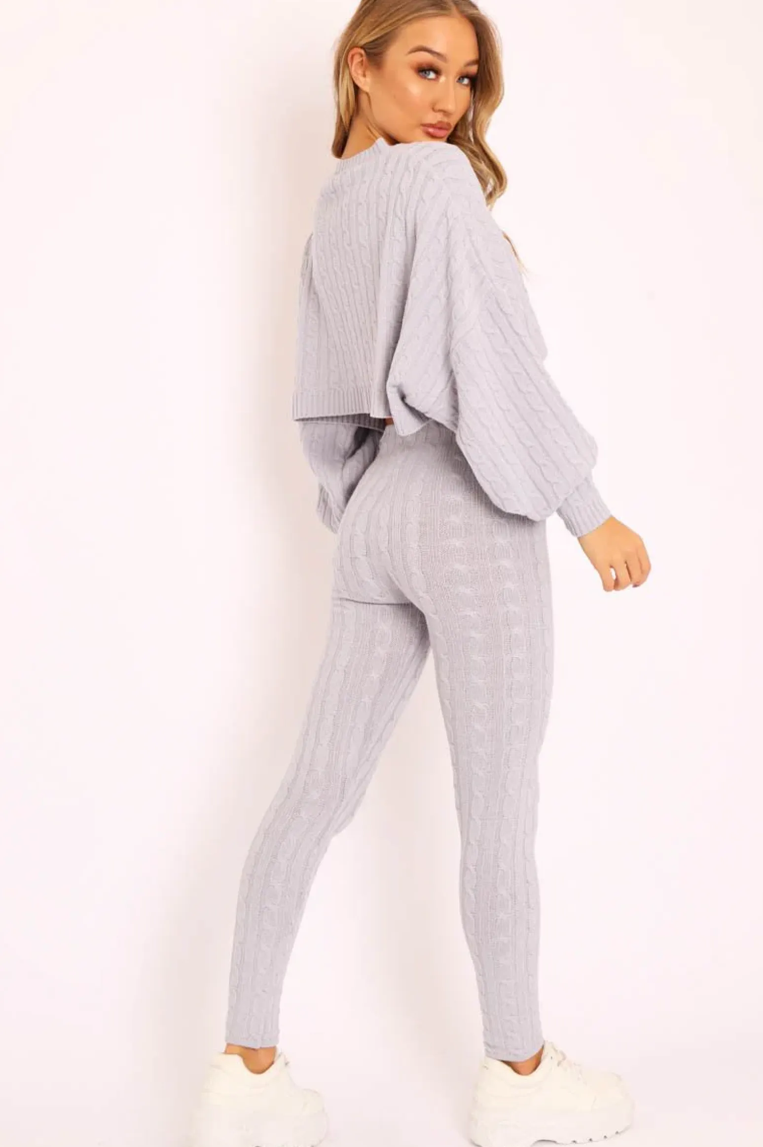 Rebellious Fashion Grey Cable Knit Batwing Jumper Loungwear Set - Janea