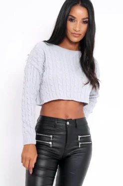 Rebellious Fashion Grey Cable Knit Cropped Jumper - Georgie