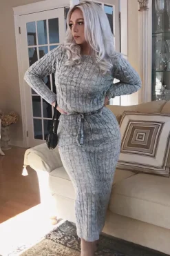 Rebellious Fashion Grey Cable Knit Drawstring Waist Dress - Rhea