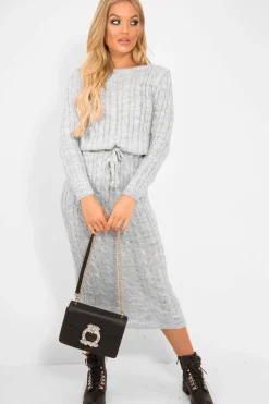 Rebellious Fashion Grey Cable Knit Drawstring Waist Dress - Rhea