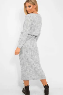 Rebellious Fashion Grey Cable Knit Drawstring Waist Dress - Rhea
