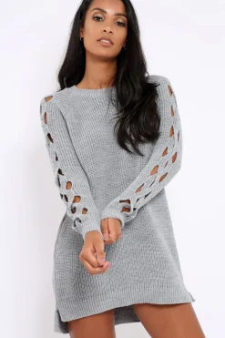 Rebellious Fashion Grey Cable Knit Jumper Dress with Cut out Detail - Daysie