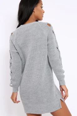 Rebellious Fashion Grey Cable Knit Jumper Dress with Cut out Detail - Daysie