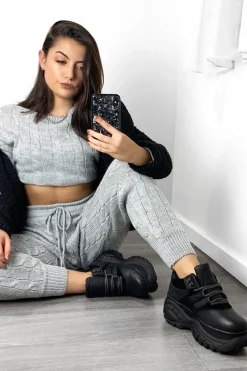 Rebellious Fashion Grey Cable Knit Jumper Jogger Co-Ord - Gabbi