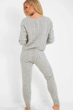 Rebellious Fashion Grey Cable Knit Jumper Jogger Co-Ord - Gabbi
