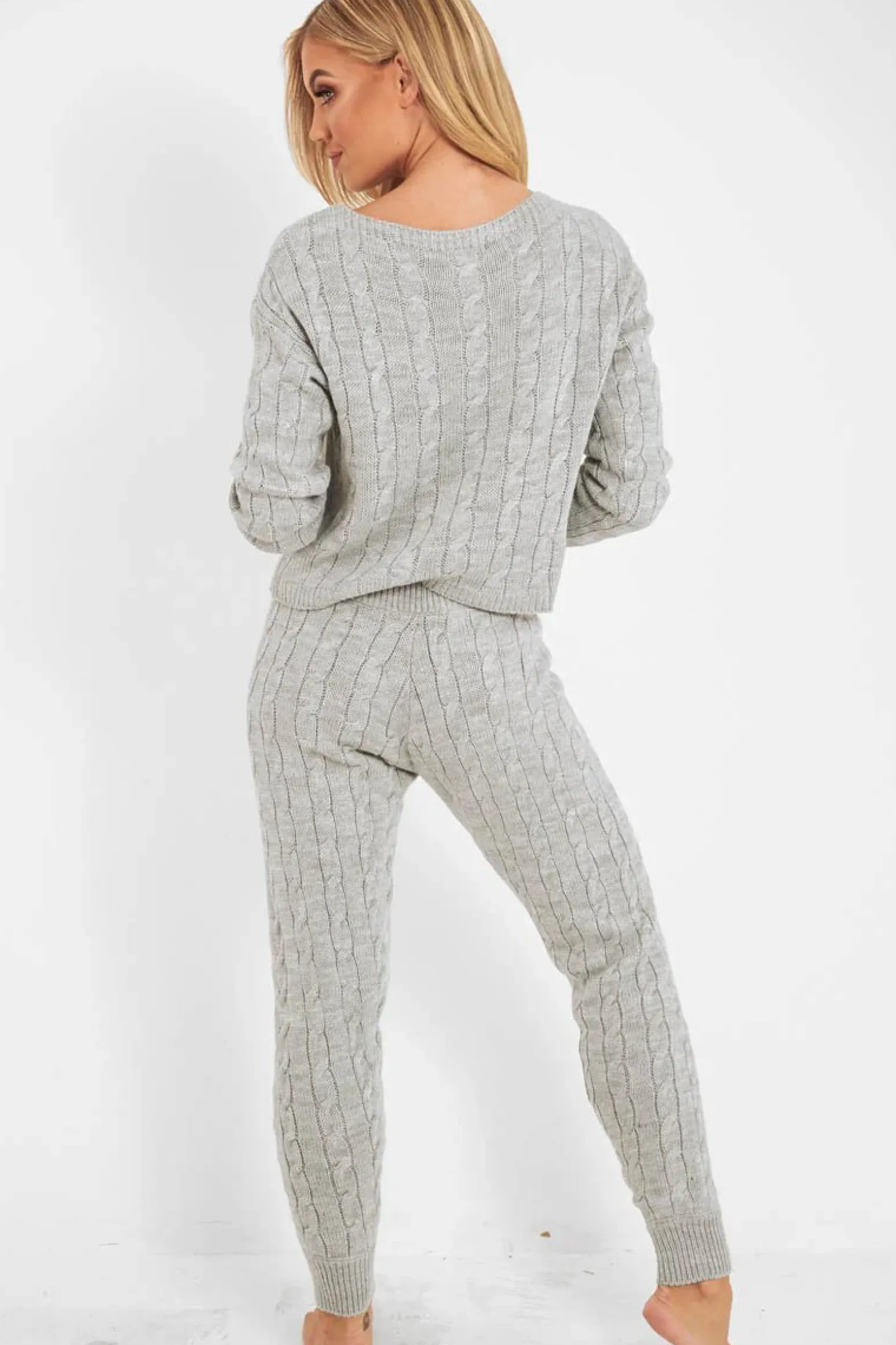 Rebellious Fashion Grey Cable Knit Jumper Jogger Co-Ord - Gabbi