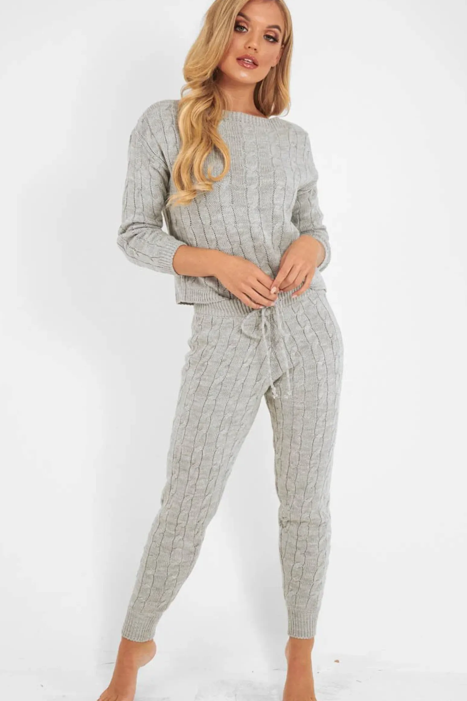 Rebellious Fashion Grey Cable Knit Jumper Jogger Co-Ord - Gabbi