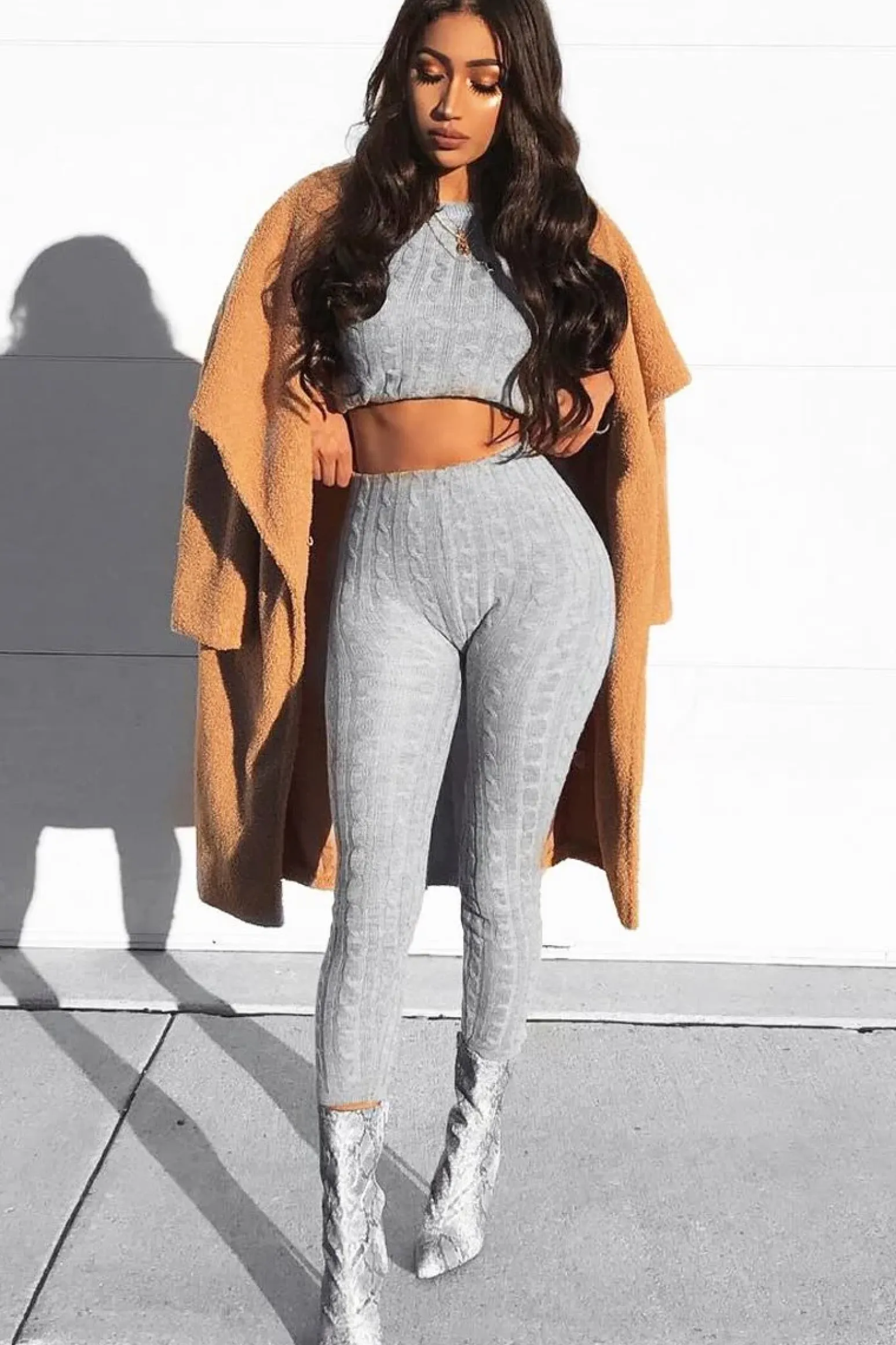 Rebellious Fashion Grey Cable Knit Loungewear Co-ord - Anha