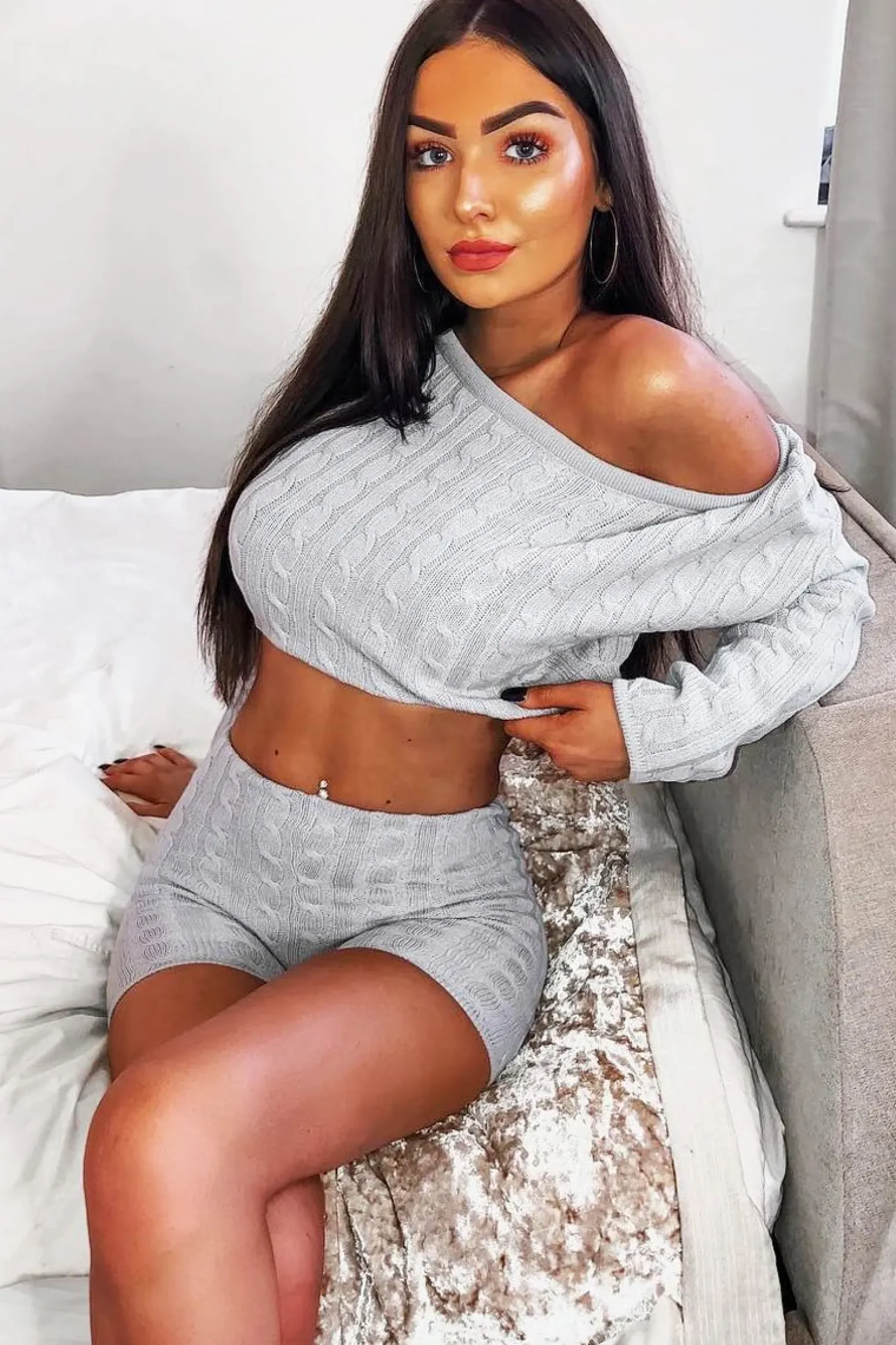 Rebellious Fashion Grey Cable Knit Loungewear Set - Karlie
