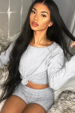Rebellious Fashion Grey Cable Knit Loungewear Set - Karlie