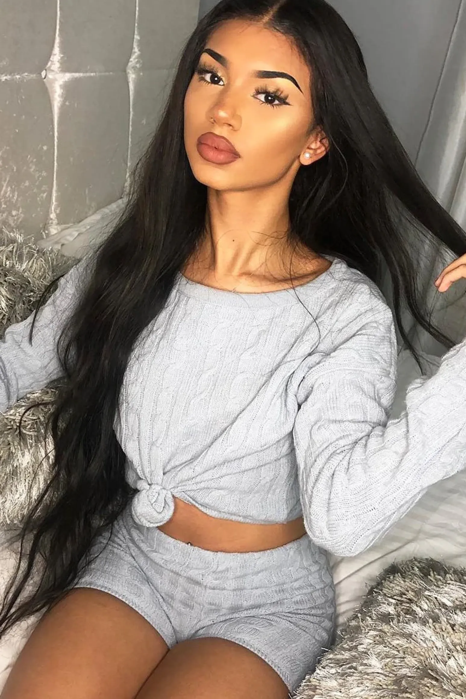 Rebellious Fashion Grey Cable Knit Loungewear Set - Karlie