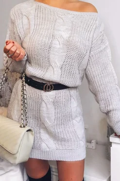 Rebellious Fashion Grey Cable Knit Off Shoulder Jumper Dress - Berry