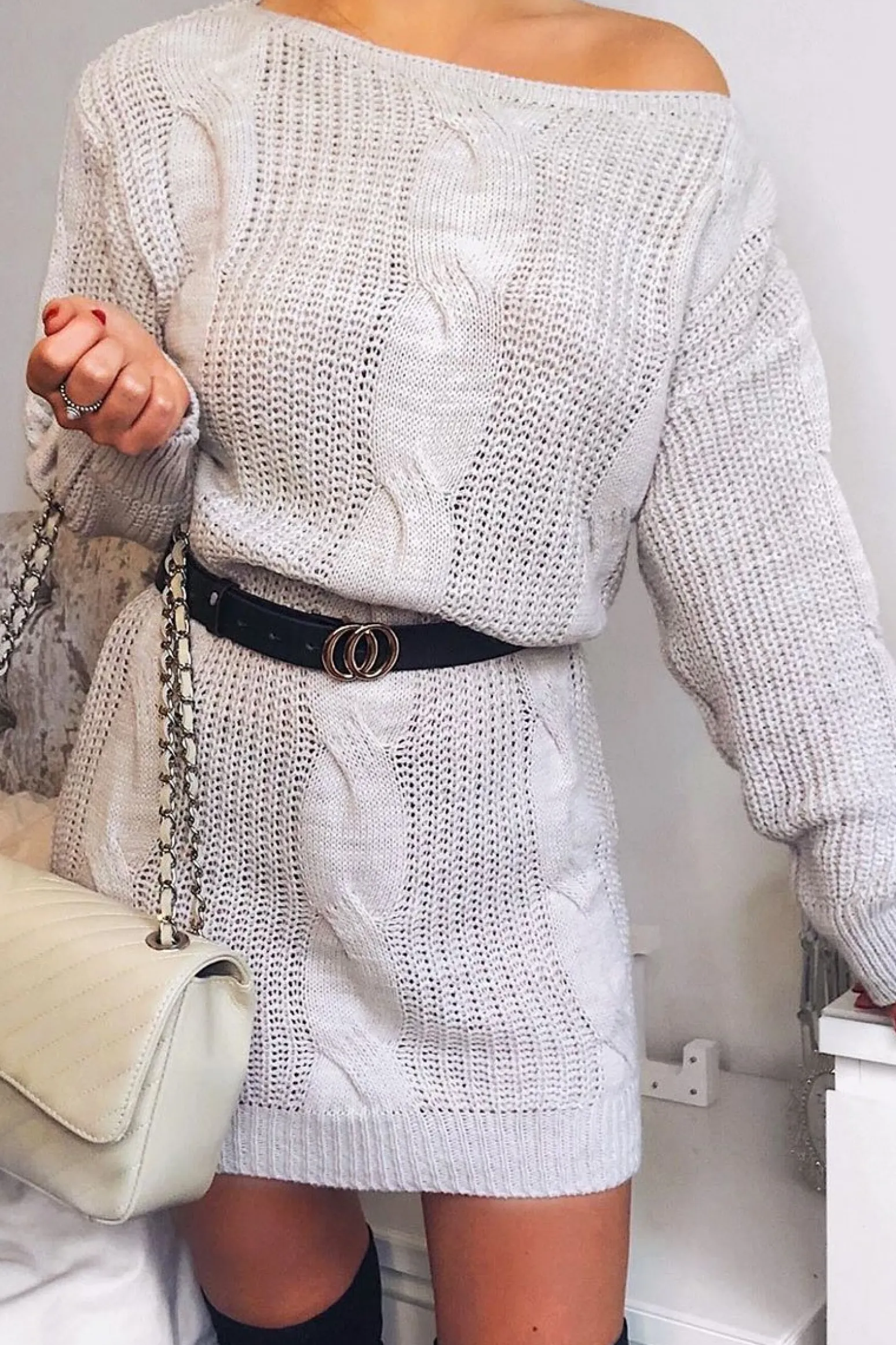 Rebellious Fashion Grey Cable Knit Off Shoulder Jumper Dress - Berry