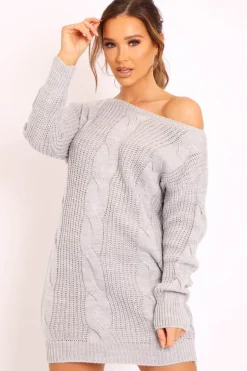 Rebellious Fashion Grey Cable Knit Off Shoulder Jumper Dress - Berry