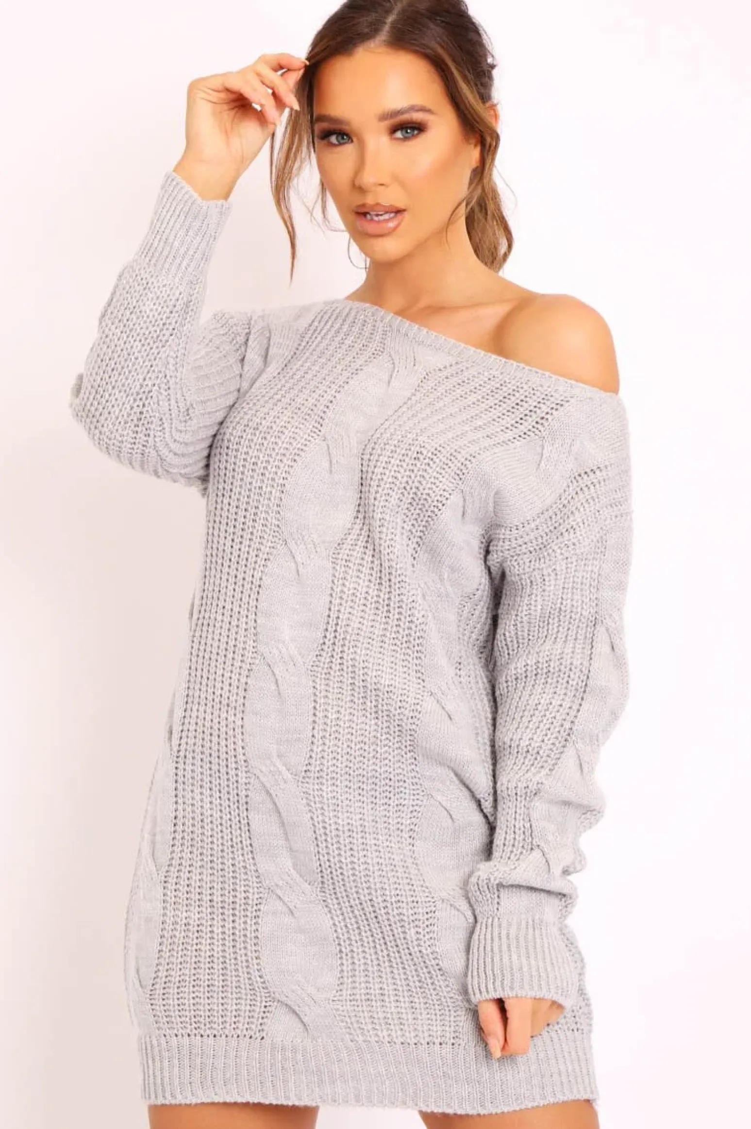 Rebellious Fashion Grey Cable Knit Off Shoulder Jumper Dress - Berry