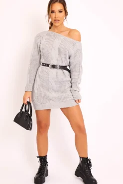 Rebellious Fashion Grey Cable Knit Off Shoulder Jumper Dress - Berry