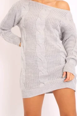 Rebellious Fashion Grey Cable Knit Off Shoulder Jumper Dress - Berry
