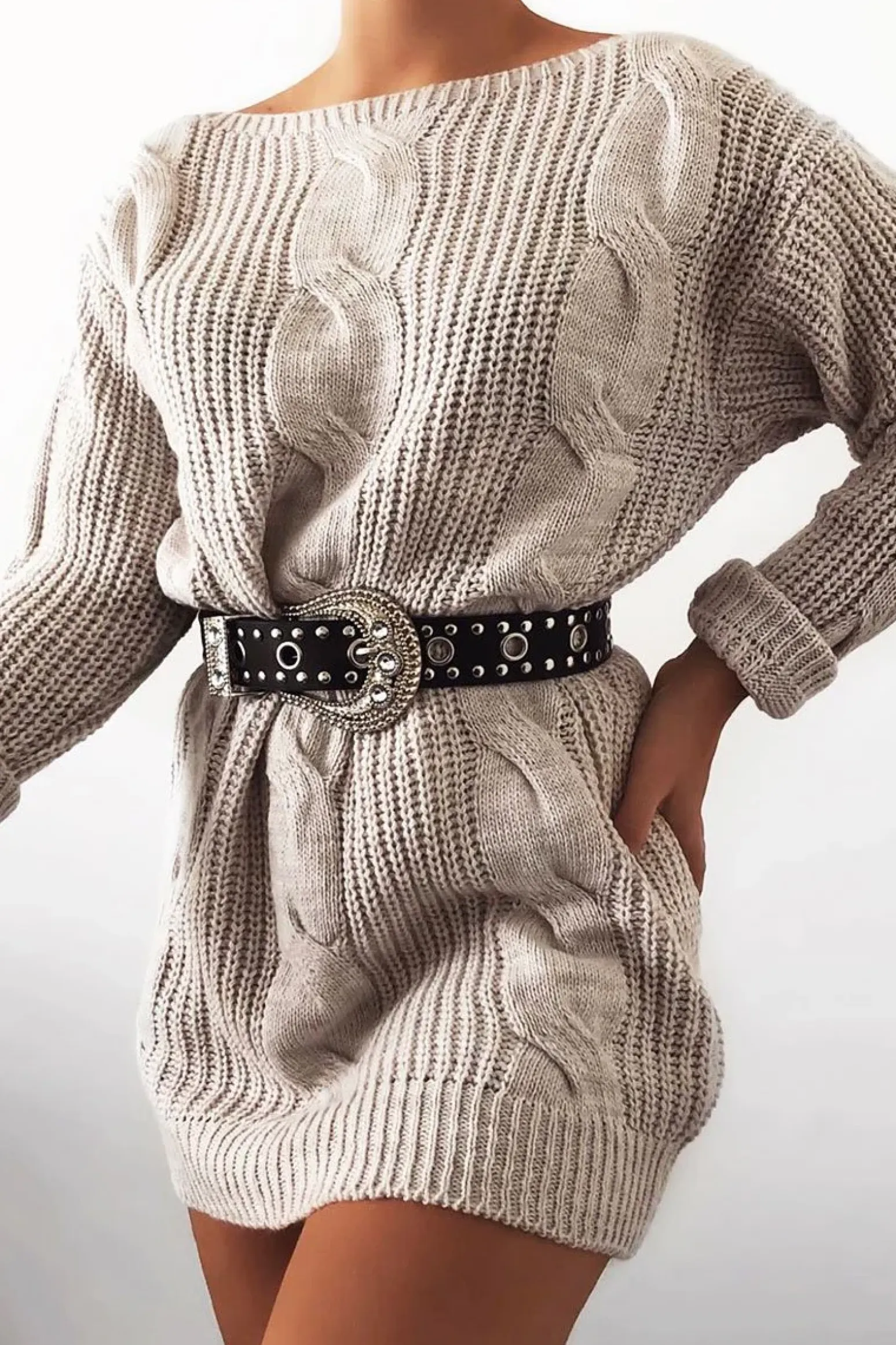 Rebellious Fashion Grey Cable Knit Off Shoulder Jumper Dress - Berry