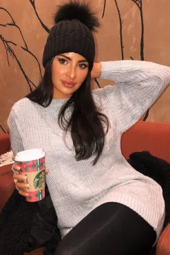 Rebellious Fashion Grey Cable Knit Off Shoulder Jumper Dress - Berry