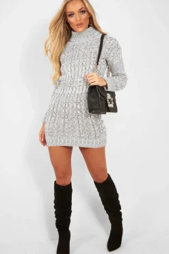 Rebellious Fashion Grey Cable Knit Roll Neck Jumper Dress - Matilda