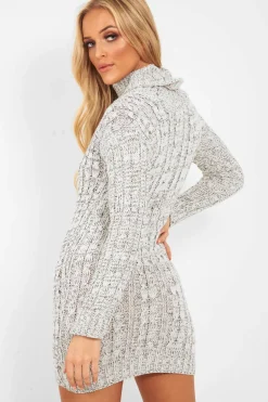 Rebellious Fashion Grey Cable Knit Roll Neck Jumper Dress - Matilda