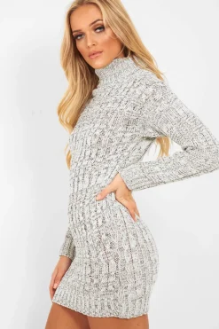 Rebellious Fashion Grey Cable Knit Roll Neck Jumper Dress - Matilda