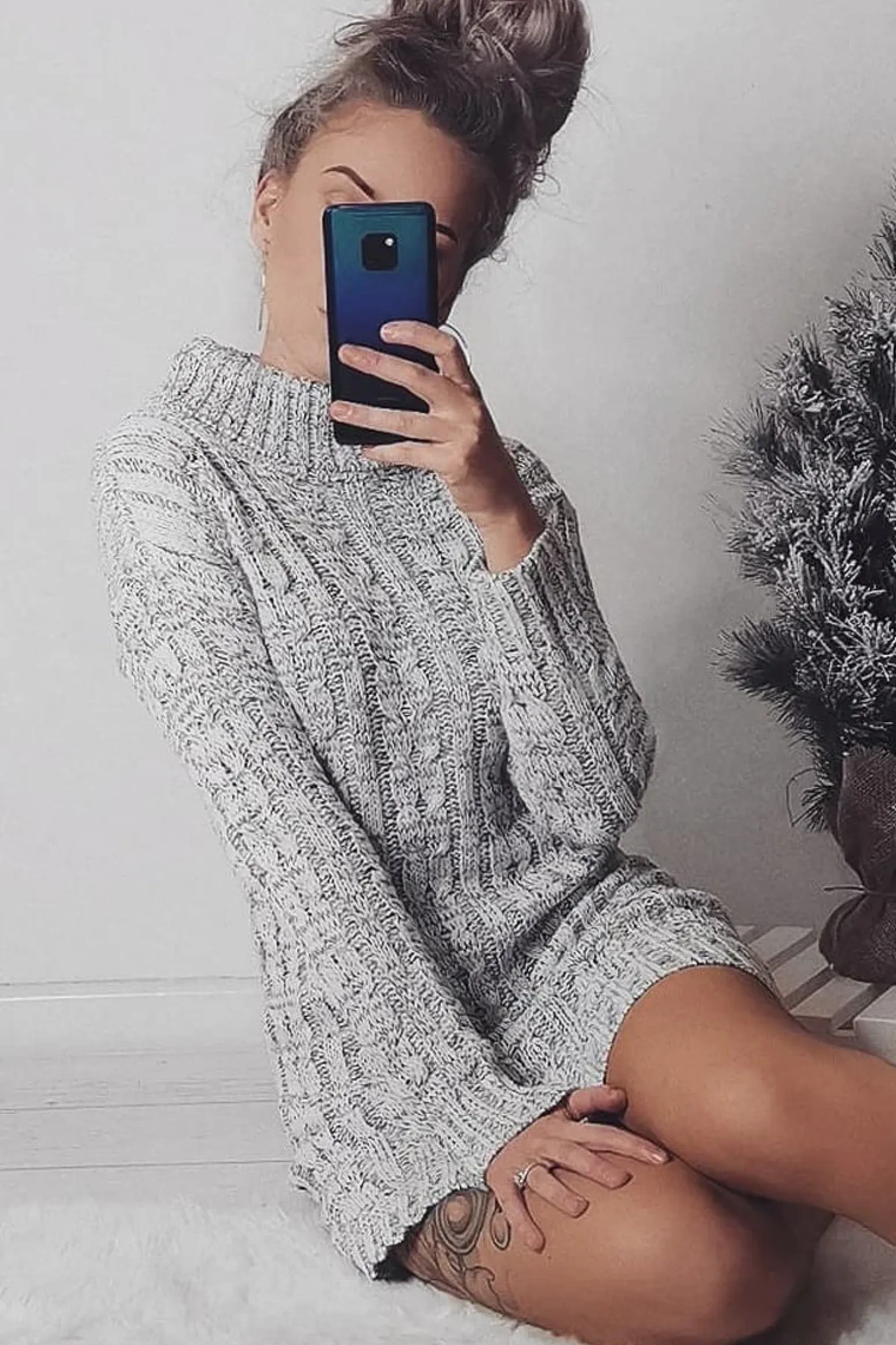 Rebellious Fashion Grey Cable Knit Roll Neck Jumper Dress - Matilda