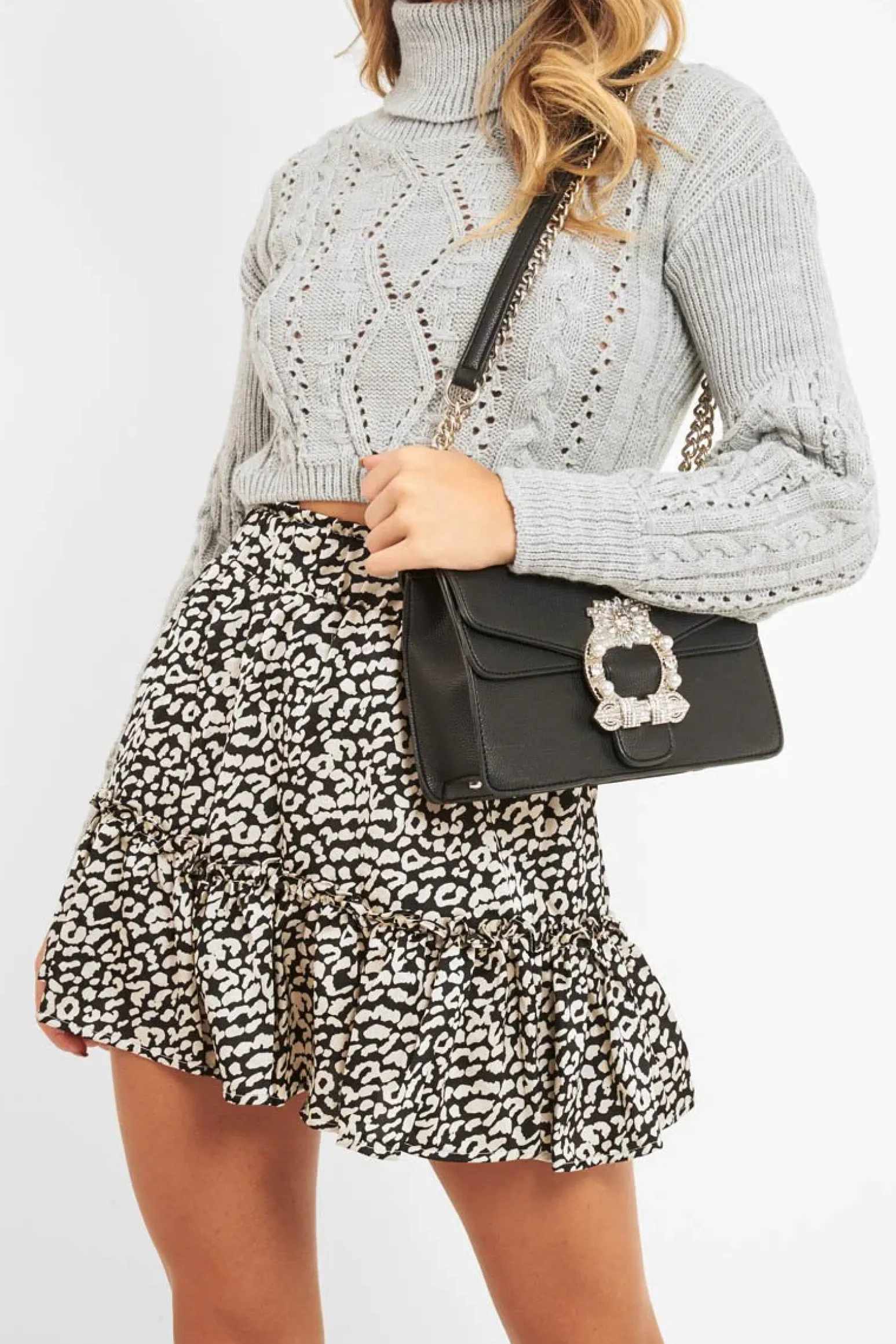 Rebellious Fashion Grey Cable Knit Roll Neck Jumper - Maelie