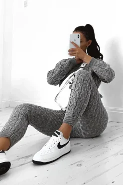 Rebellious Fashion Grey Cable Knit Sweater and Leggings Loungewear Co-ord - Ionia