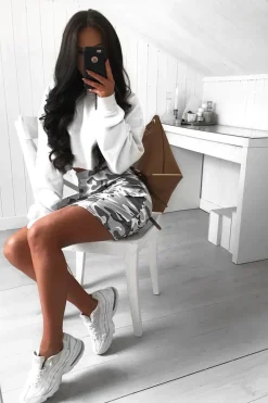 Rebellious Fashion Grey Camo Button Front Mini Skirt - Abia