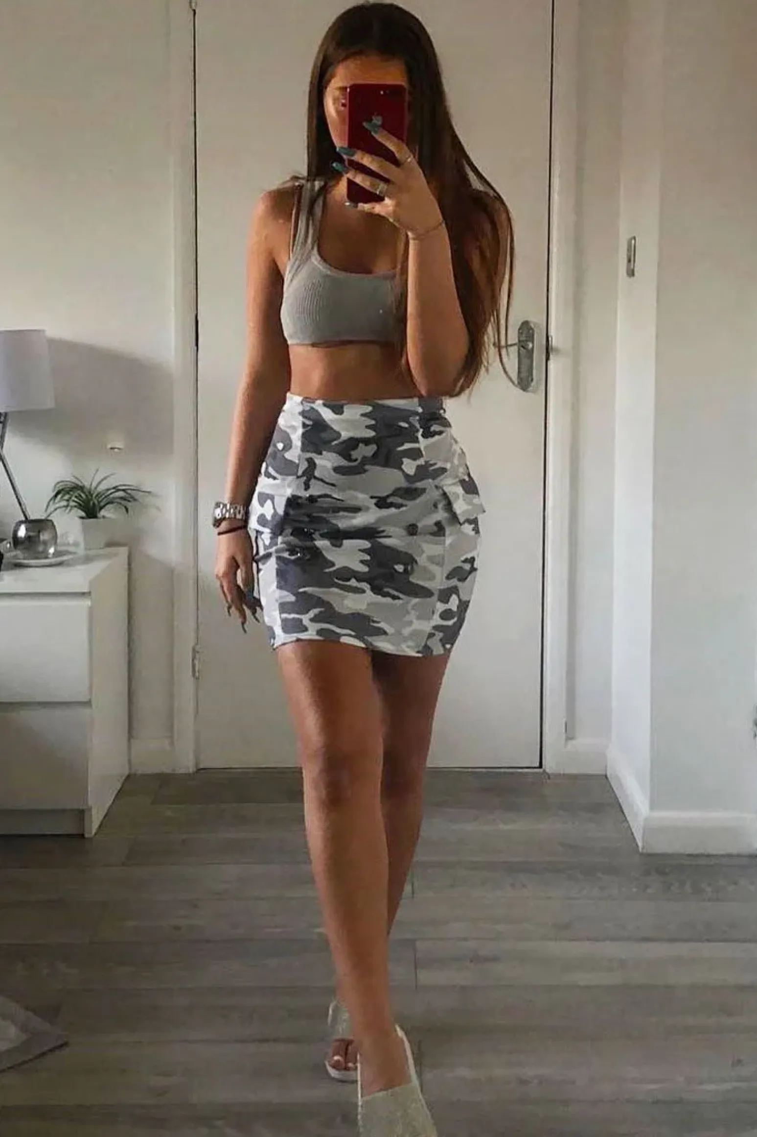 Rebellious Fashion Grey Camo Button Front Mini Skirt - Abia