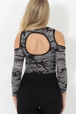 Rebellious Fashion Grey Camo Cold Shoulder Bodysuit - Emy