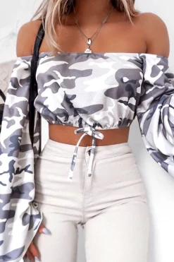 Rebellious Fashion Grey Camo Extreme Flared Sleeved Crop Top - Dalis