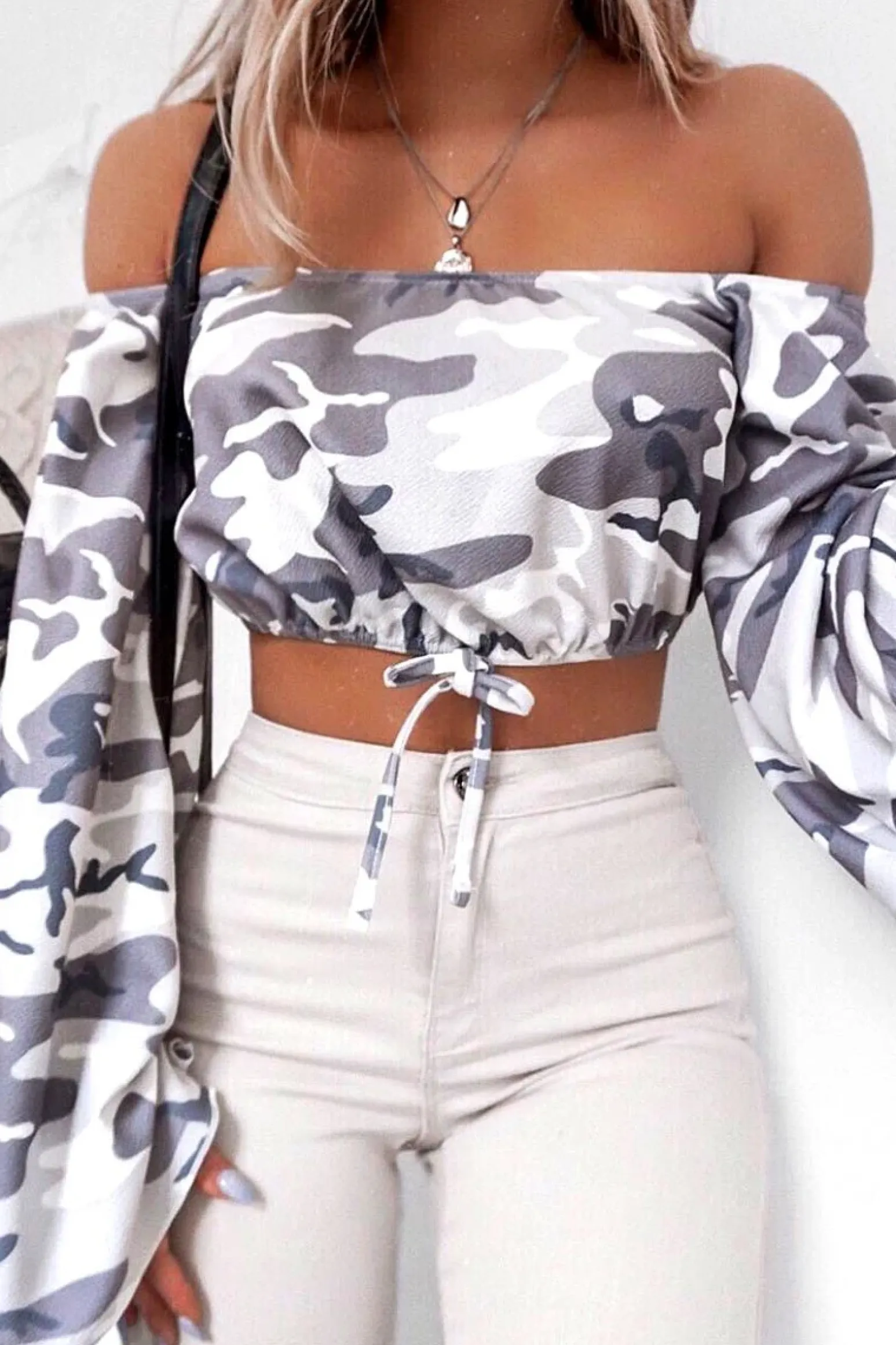Rebellious Fashion Grey Camo Extreme Flared Sleeved Crop Top - Dalis