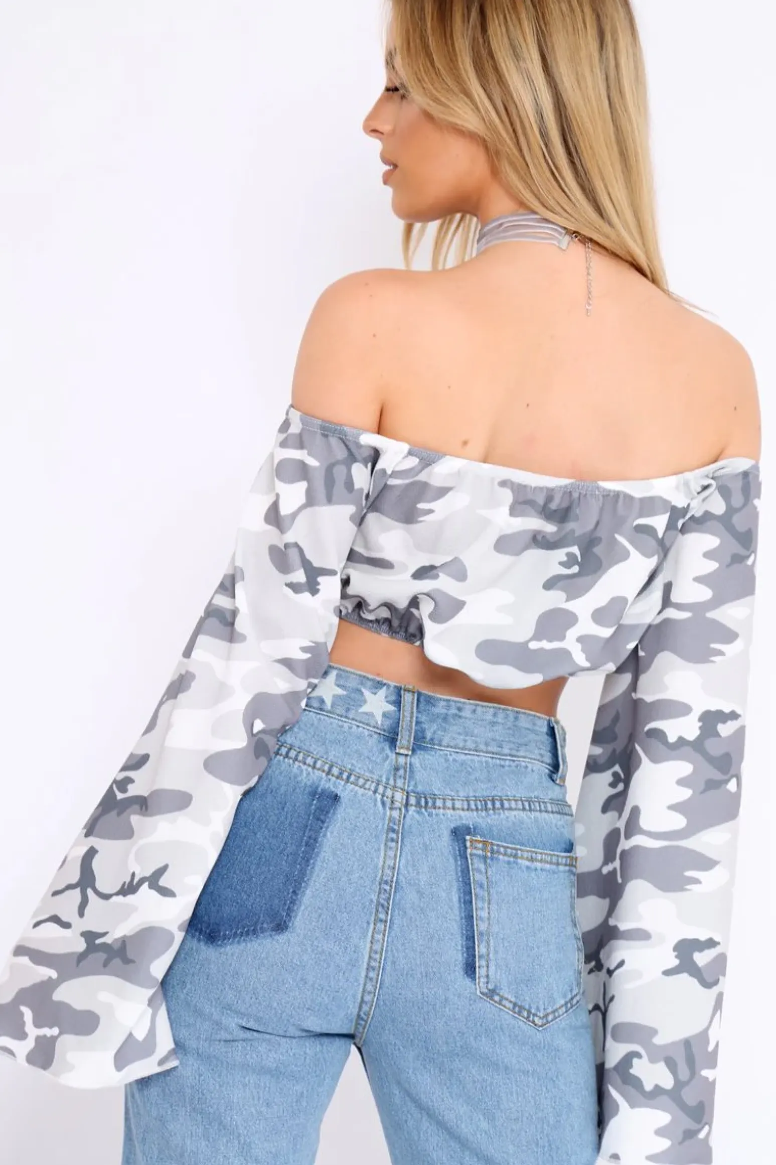 Rebellious Fashion Grey Camo Extreme Flared Sleeved Crop Top - Dalis